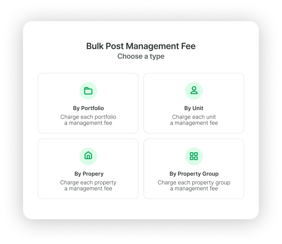 Rentvine bulk post management fee interface with options to charge by portfolio, unit, property group, or property