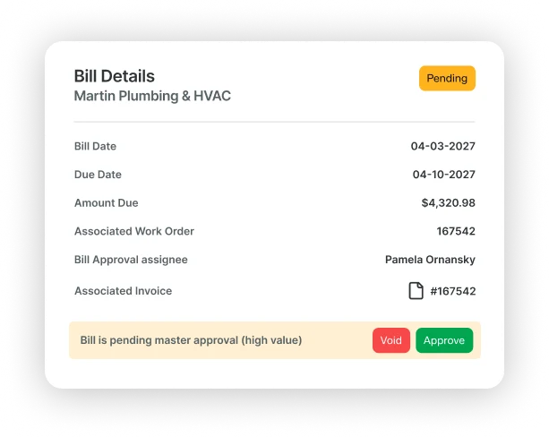 Rentvine bill details interface showing vendor, amount, work order, and approval status