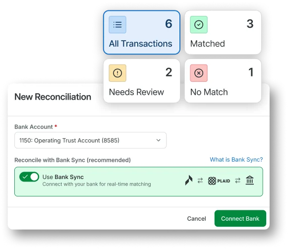 Rentvine bank sync reconciliation interface with transaction matching stats