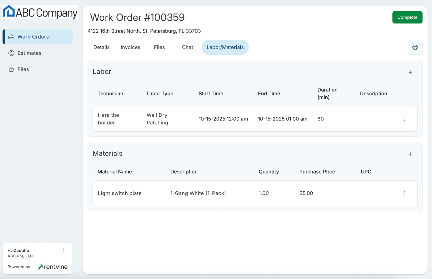 Rentvine Internal Maintenance-Labor and Materials Tab