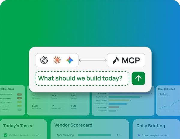 Rentvine AI command center dashboard with MCP workflow builder