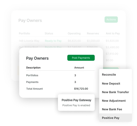 Rentvine Pay Owners bulk distribution screen with portfolio payments and totals