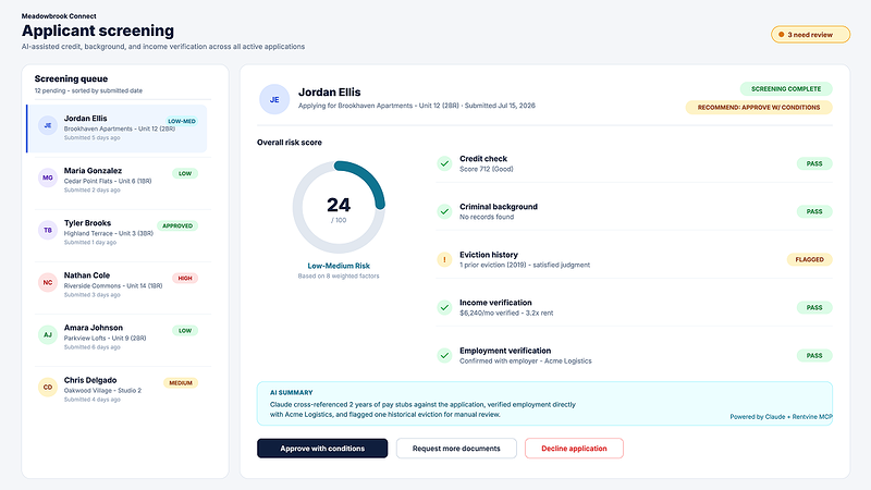 Rentvine applicant screening dashboard showing application scores and screening criteria