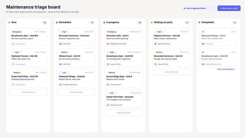 Rentvine maintenance triage dashboard