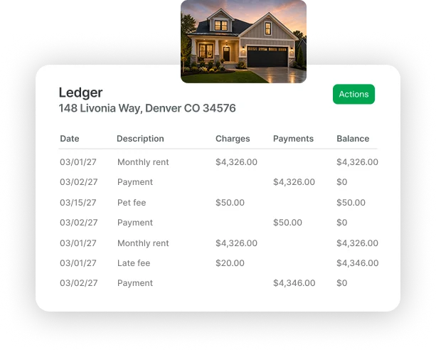 Rentvine tenant ledger showing charges, payments, and balance by date