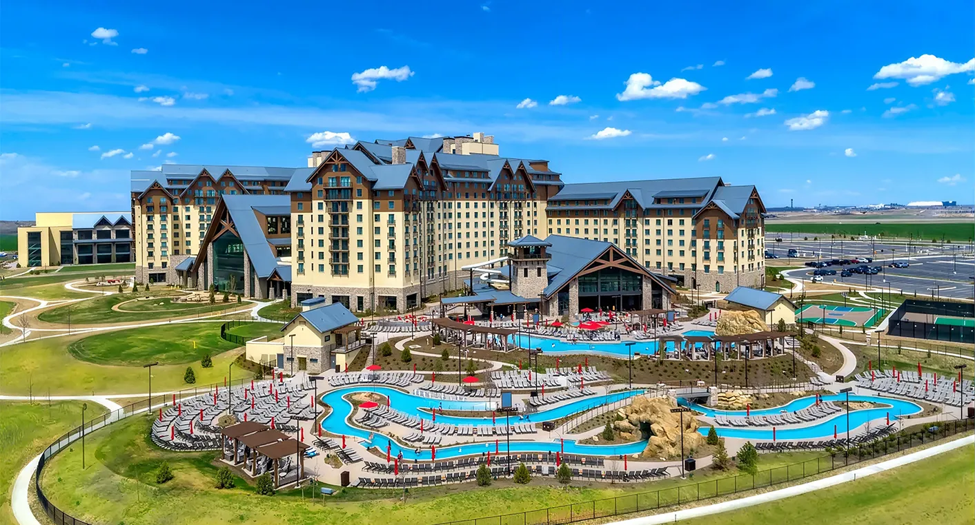 Aerial view of Gaylord Rockies Resort and Convention Center at dusk
